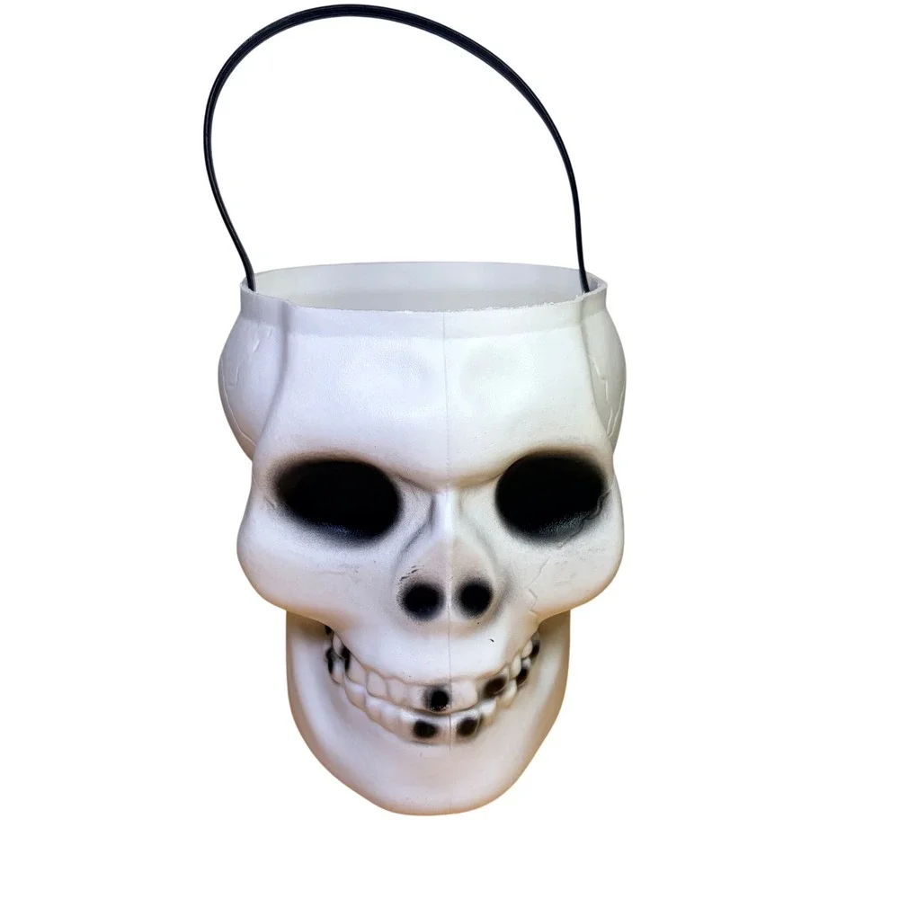 Vintage Kmart Skull Halloween Trick or Treat Pail White Plastic Blow Mold Rare
